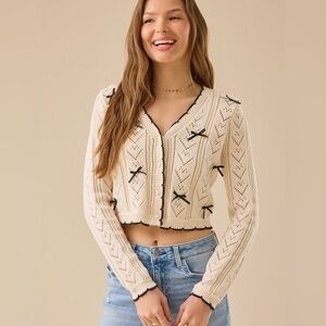NWT Altar'd State Cece Delicate Bow Cardigan in Ivory Black Girly Cotton Blend